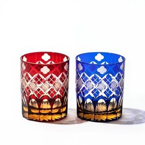 Edo Kiriko Japan Rock Whiskey Glass Pair Set, Red Blue